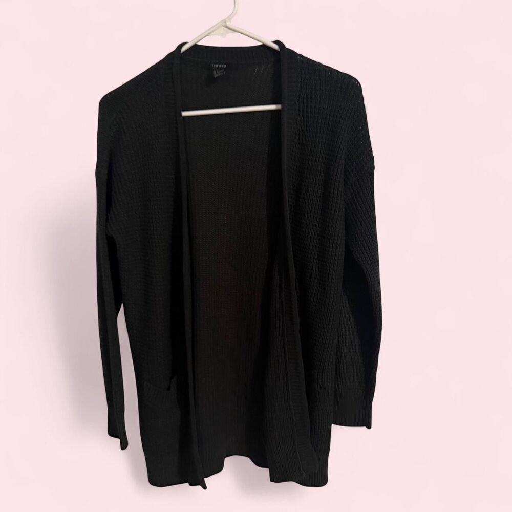 Forever 21 Cardigan Womens L Black Open Front Waffle Knit Cozy